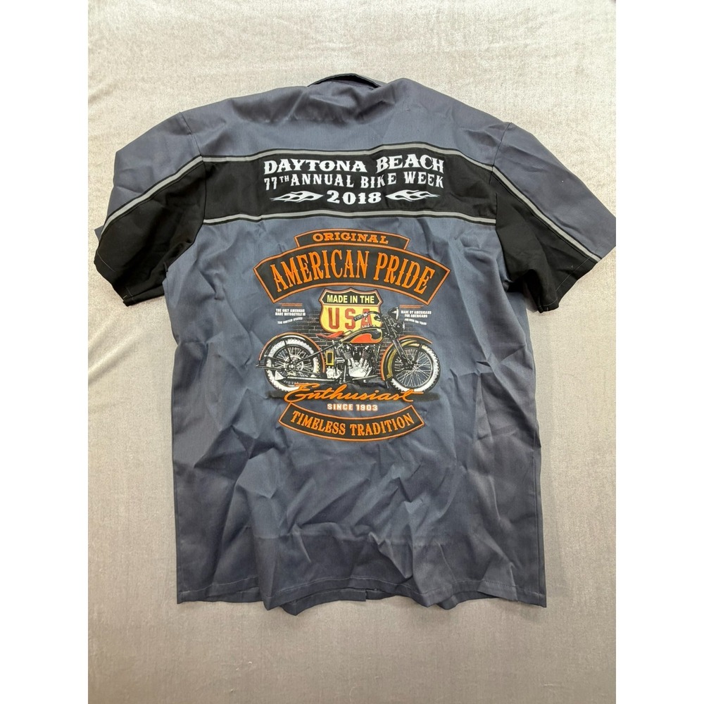Biker apparel Button Up Short Sleeve Shirt Gray‎ Black Large Daytona Beach 2018